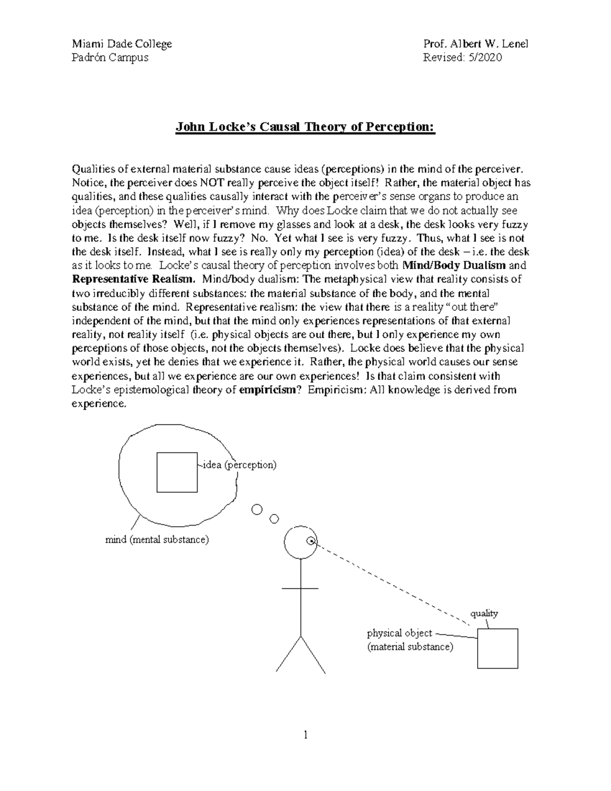 PHI 2010 Lecture Notes: Locke's Causal Theory of Perception - Studocu