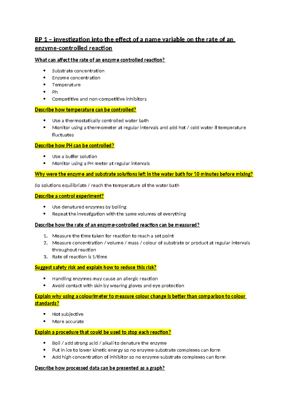 RP 1: Investigating Factors Affecting Enzyme Reaction Rates - Studocu