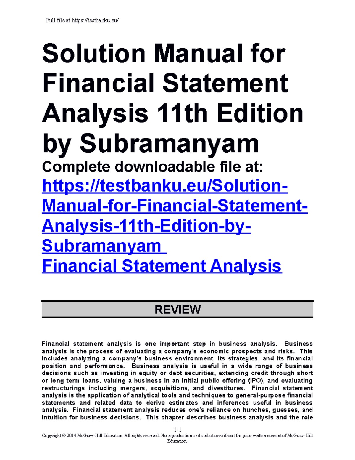 Solution Manual: Chapter 1 Overview of Financial Statement Analysis ...