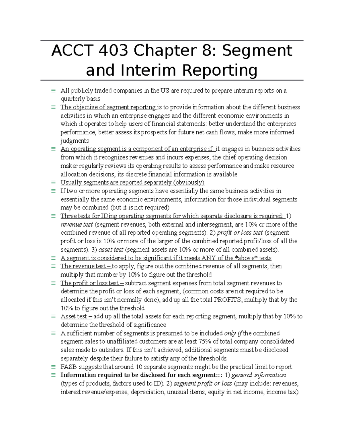 ACCT 403 Chapter 8: Insights on Segment & Interim Reporting - Studocu