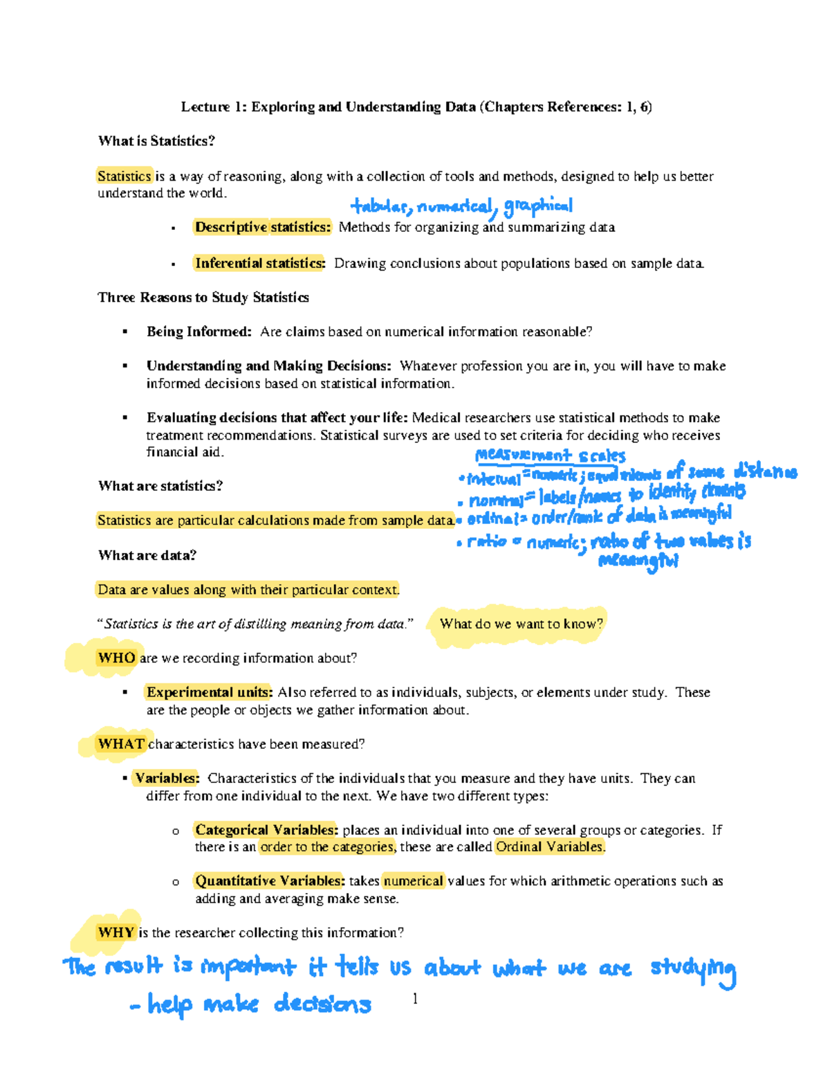 Lecture 1 Notes - Lecture 1: Exploring and Understanding Data (Chapters ...