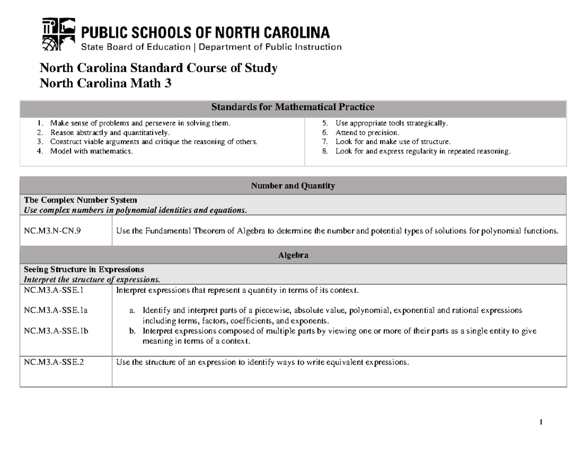 NC Math 3 Standards: Overview of Key Concepts and Practices - Studocu