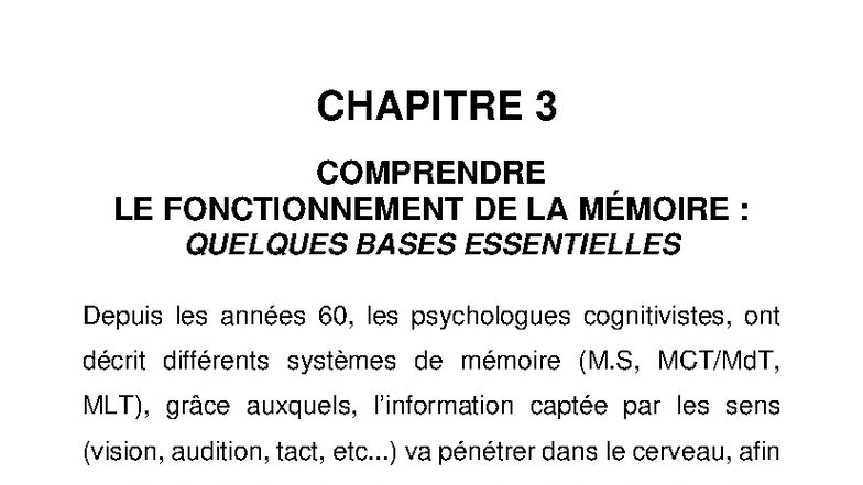 CHAPITRE 3 : COMPRENDRE LE FONCTIONNEMENT DE LA MÉMOIRE - Studocu