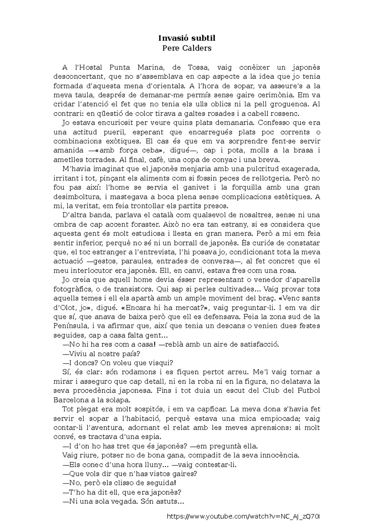 Invasió Subtil de Pere Calders: Anàlisi i Reflexions (Curs 1978) - Studocu
