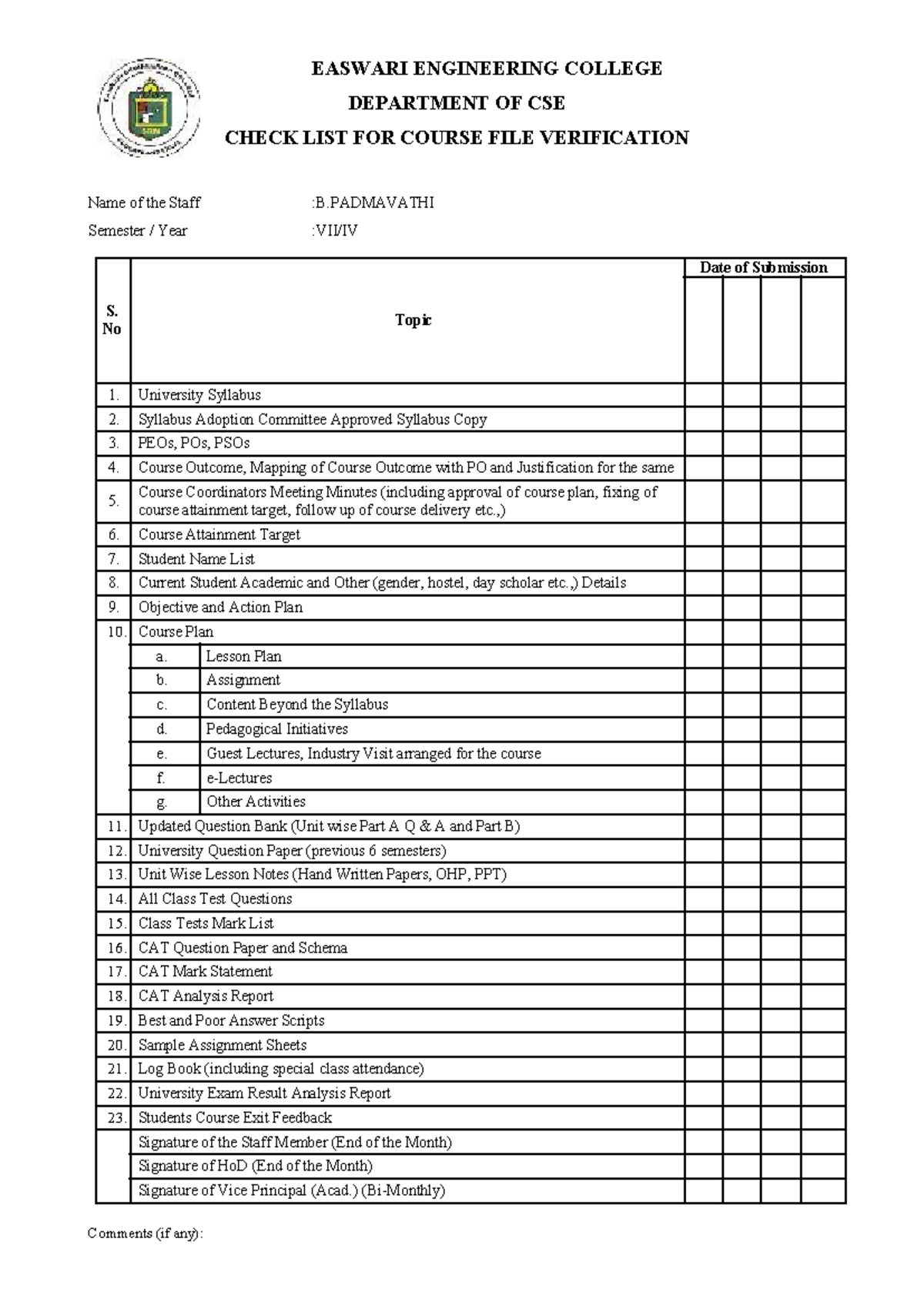 Course FILE Checklist - aaaa - EASWARI ENGINEERING COLLEGE DEPARTMENT ...