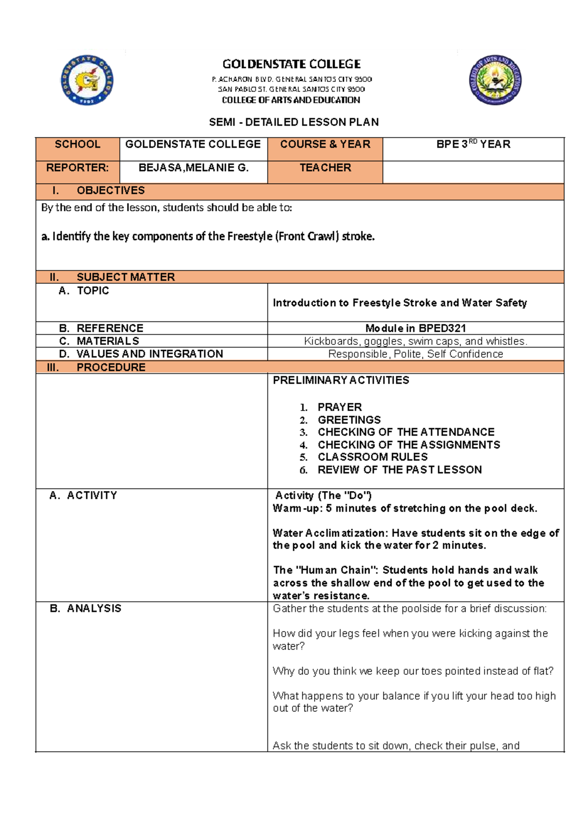BPE321: Semi-Detailed Lesson Plan on Freestyle Stroke & Water Safety ...