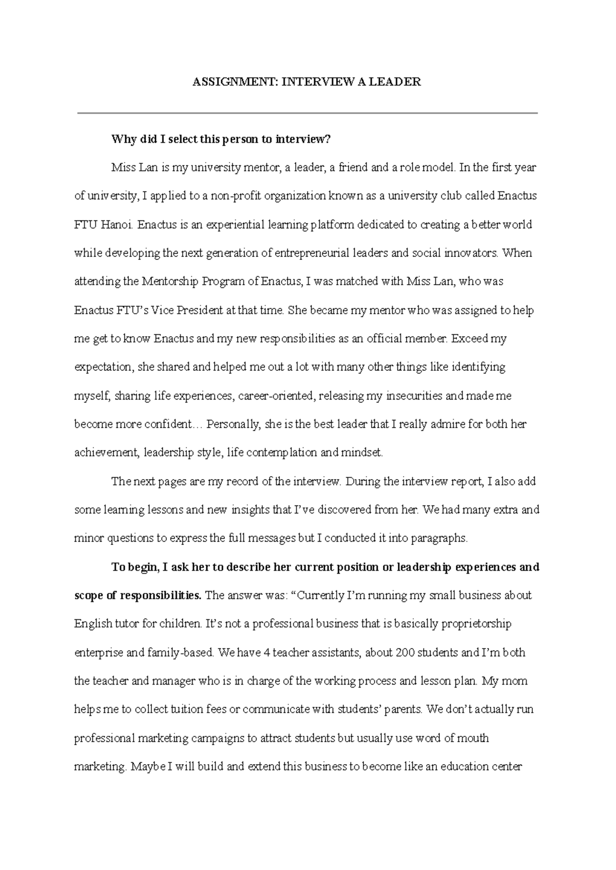 (FTU) Leadership Interview Assignment - ASSIGNMENT: INTERVIEW A LEADER ...