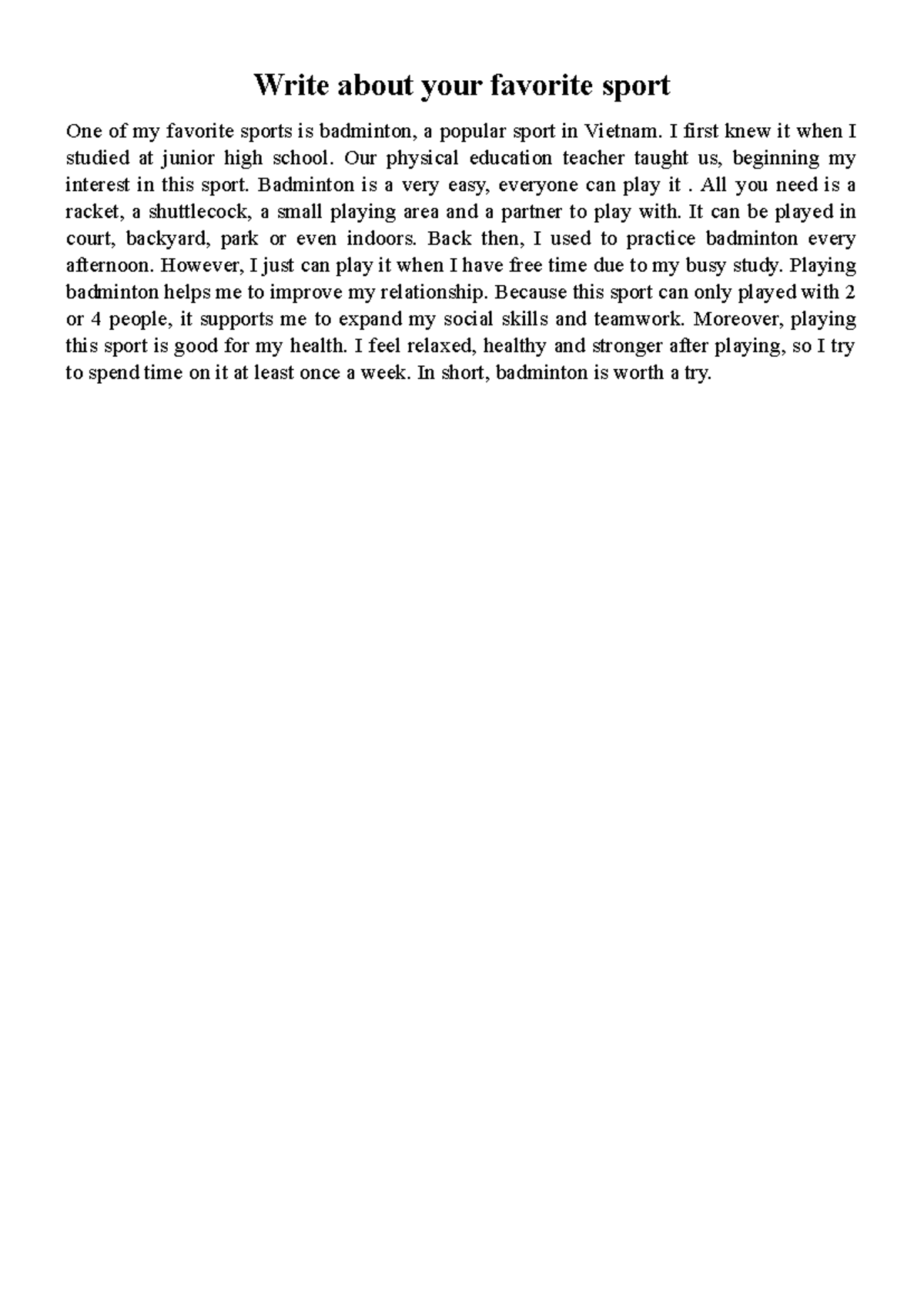 Writing 8 GR3 - My Favorite Sport: Badminton Essay - Studocu