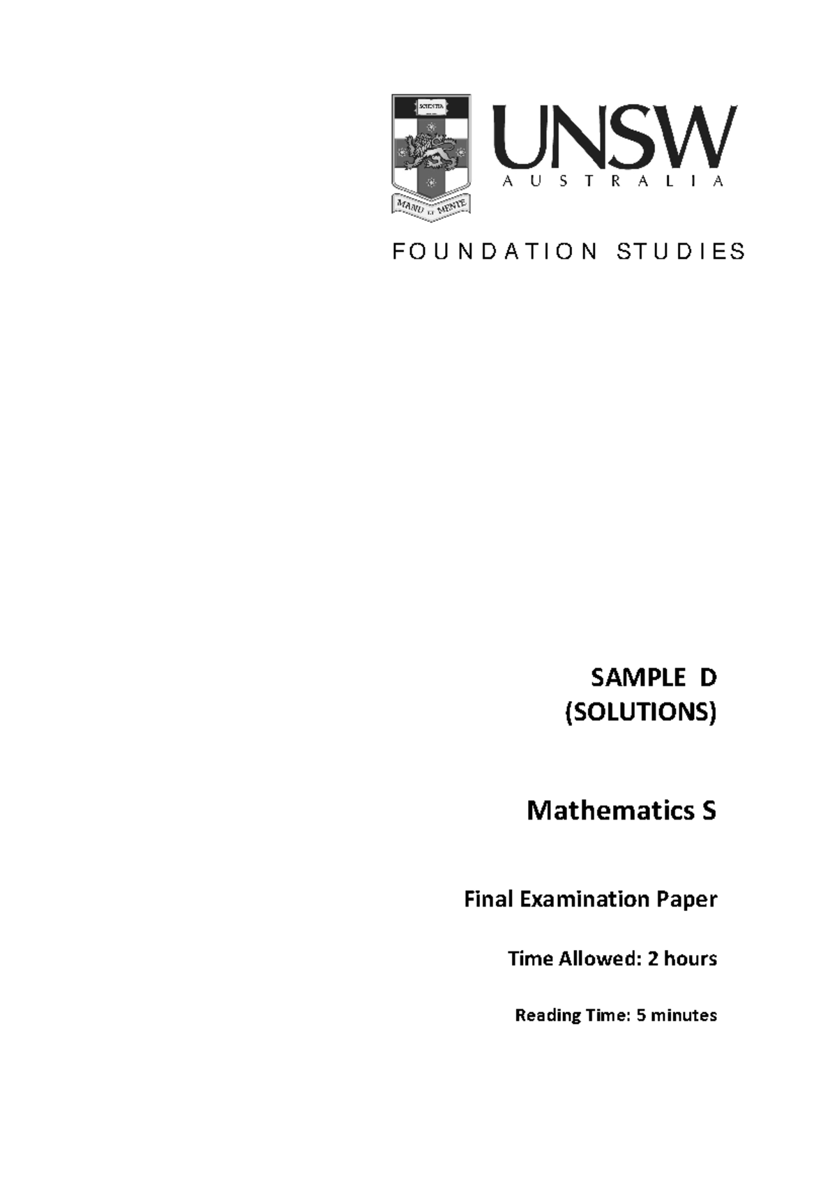 Practice tests math - SAMPLE D (SOLUTIONS) Mathematics S Final ...