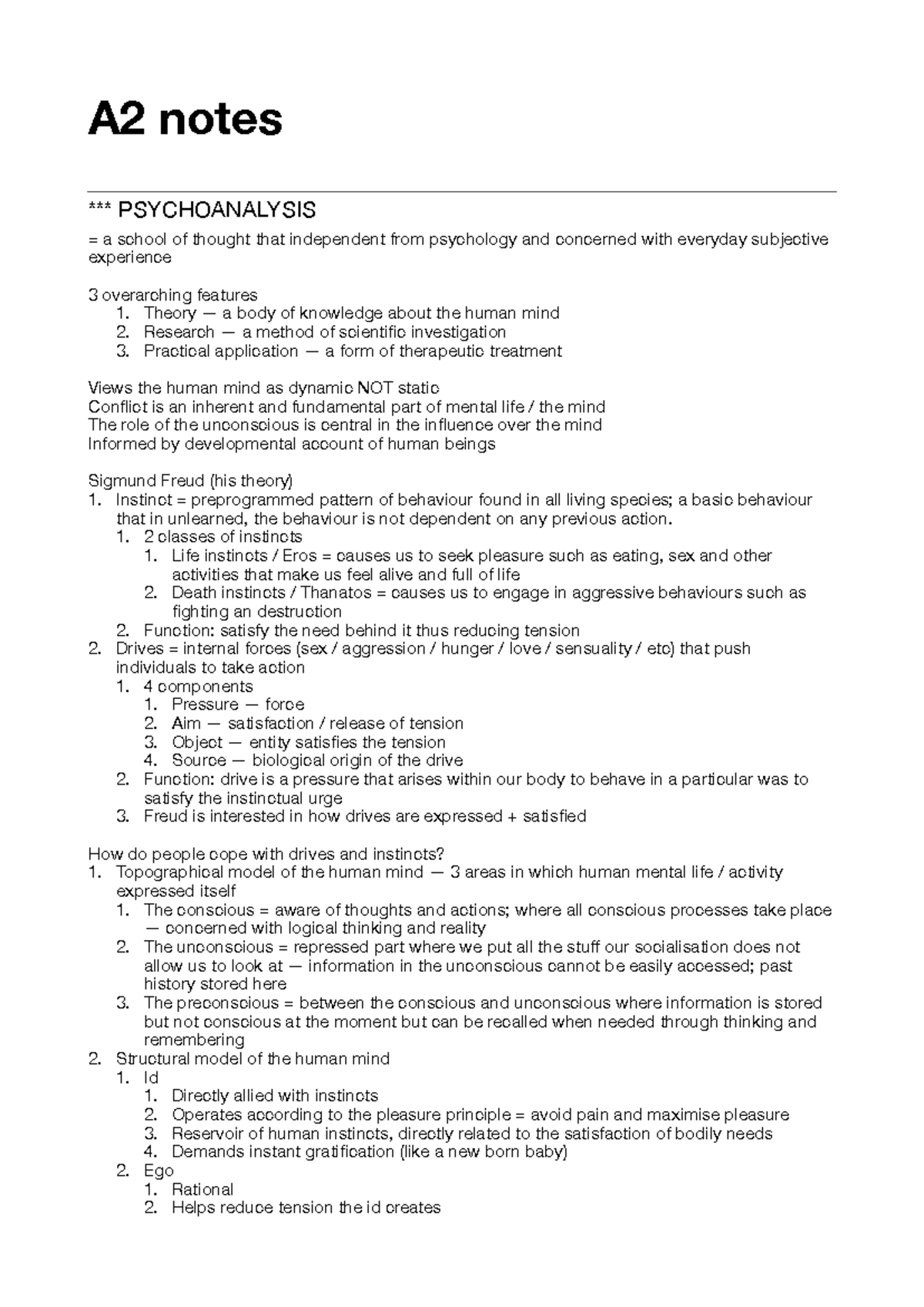 PSY A2 Notes: Understanding Psychoanalysis and the Human Mind - Studocu