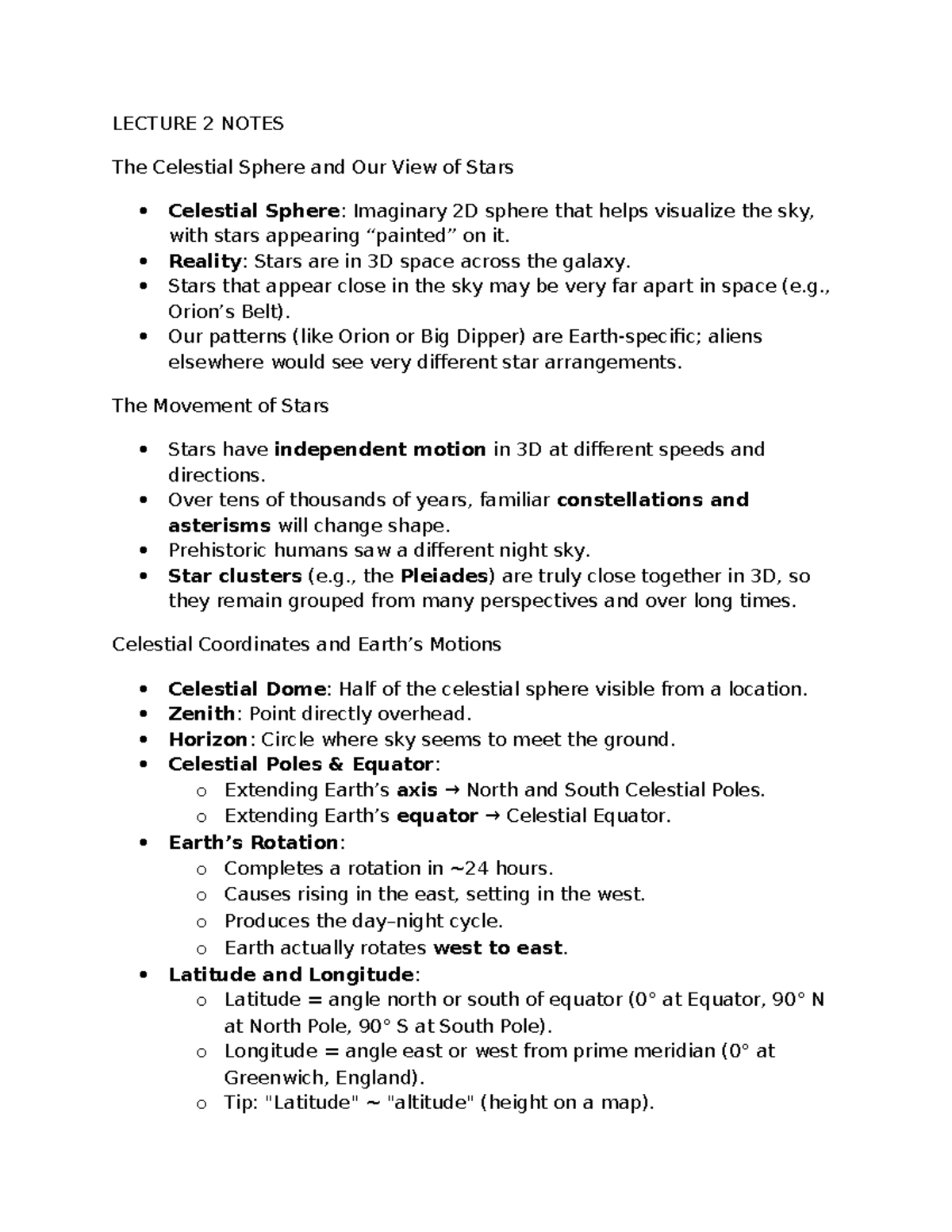 ASTR 101 Lecture 2 Notes: The Celestial Sphere and Star Movements - Studocu