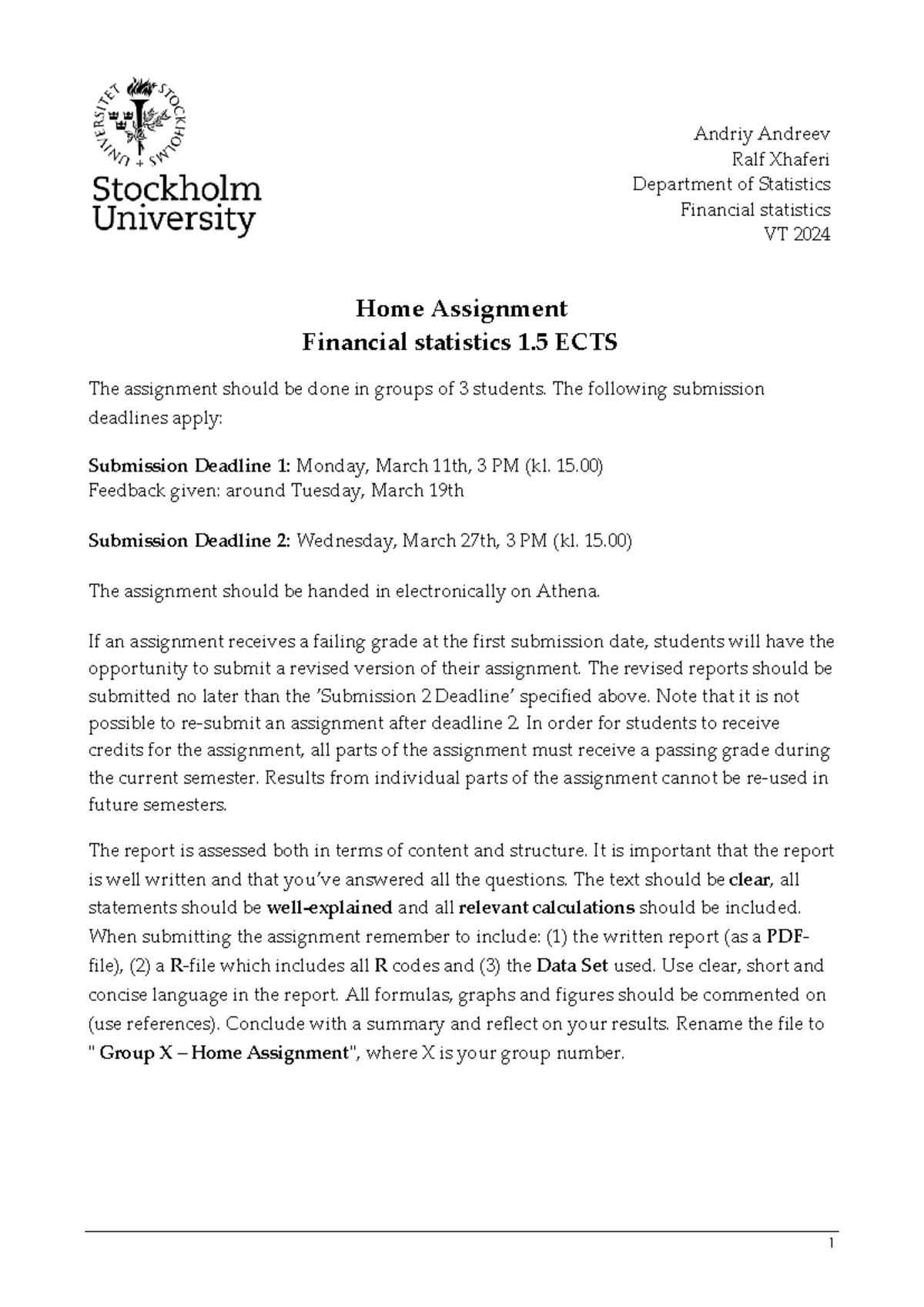 Home Assignment-FS: Financial Statistics VT 2024 Report Instructions ...