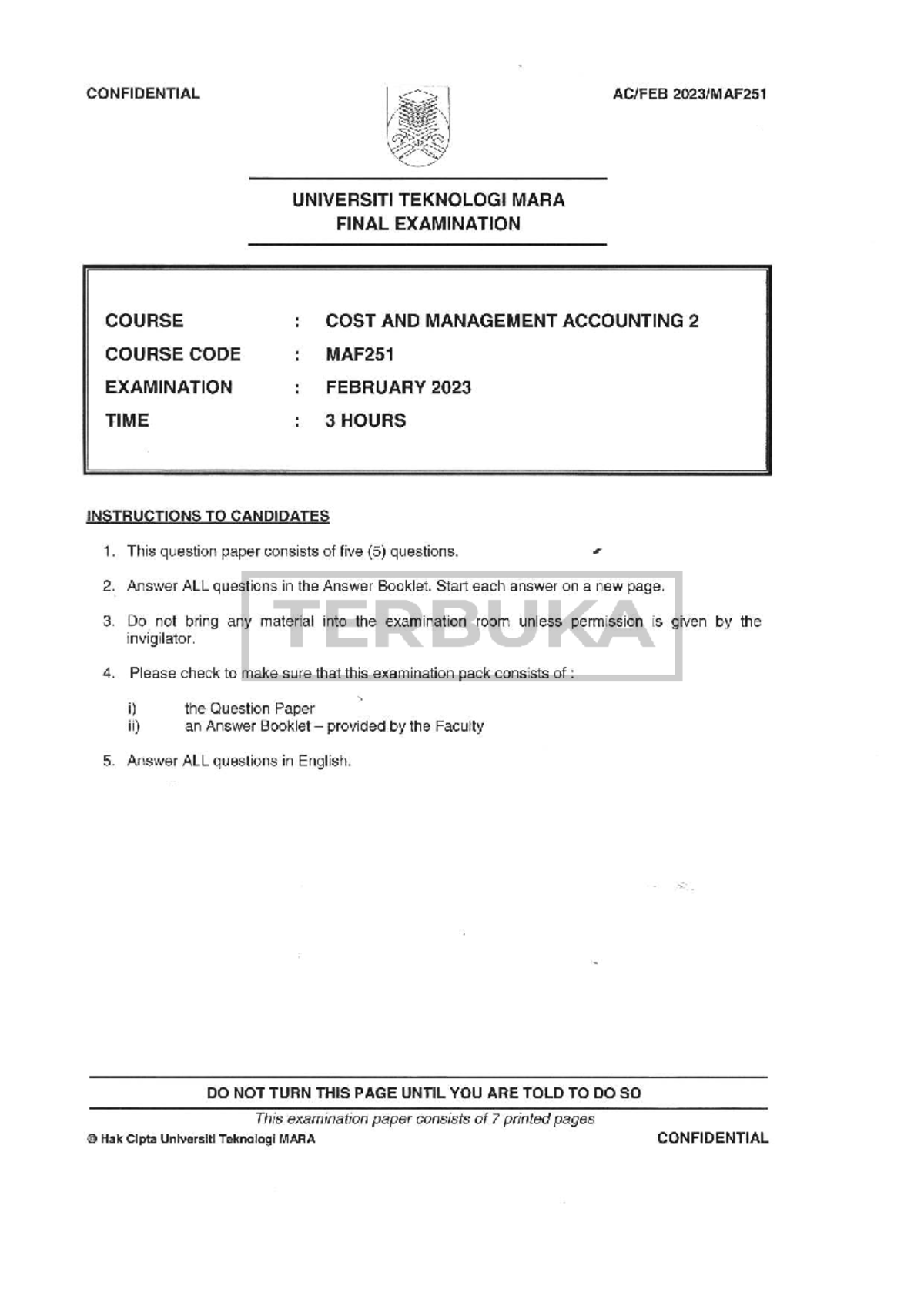 MAF251 Final Exam: Cost and Management Accounting February 2023 - Studocu