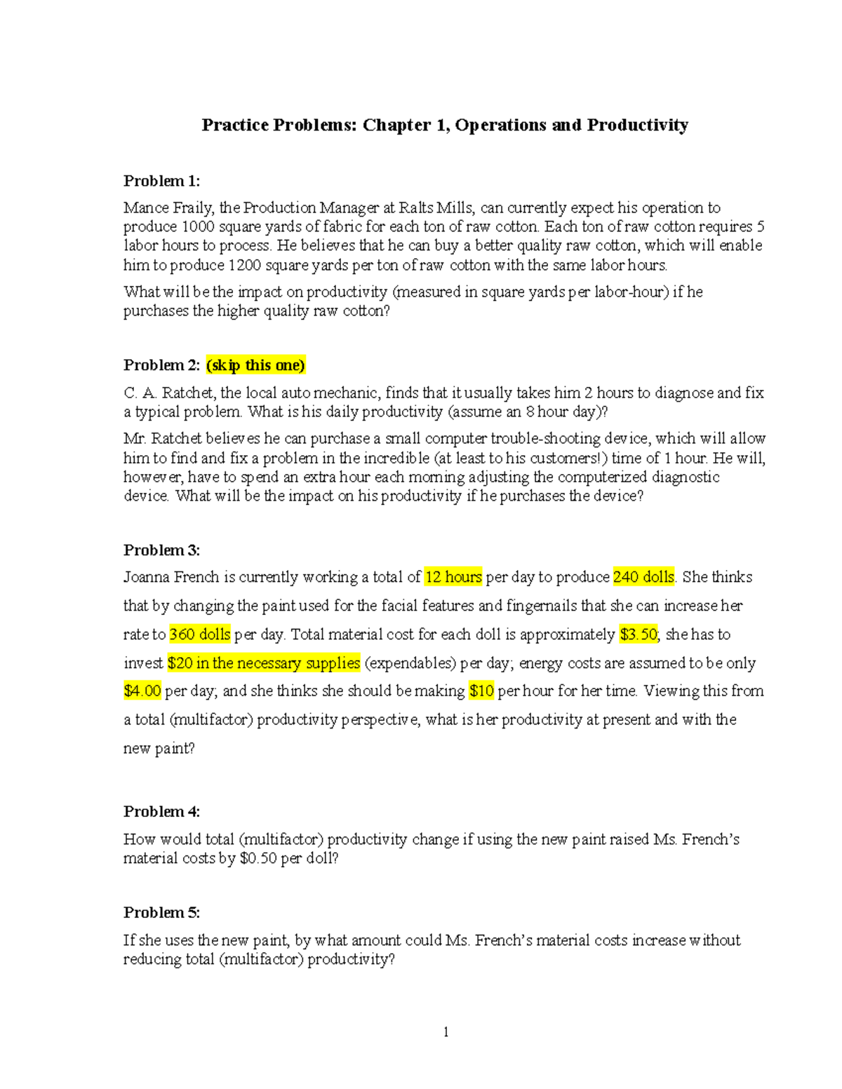 Ch01 Practice Problems - Operations & Productivity Lecture Notes - Studocu