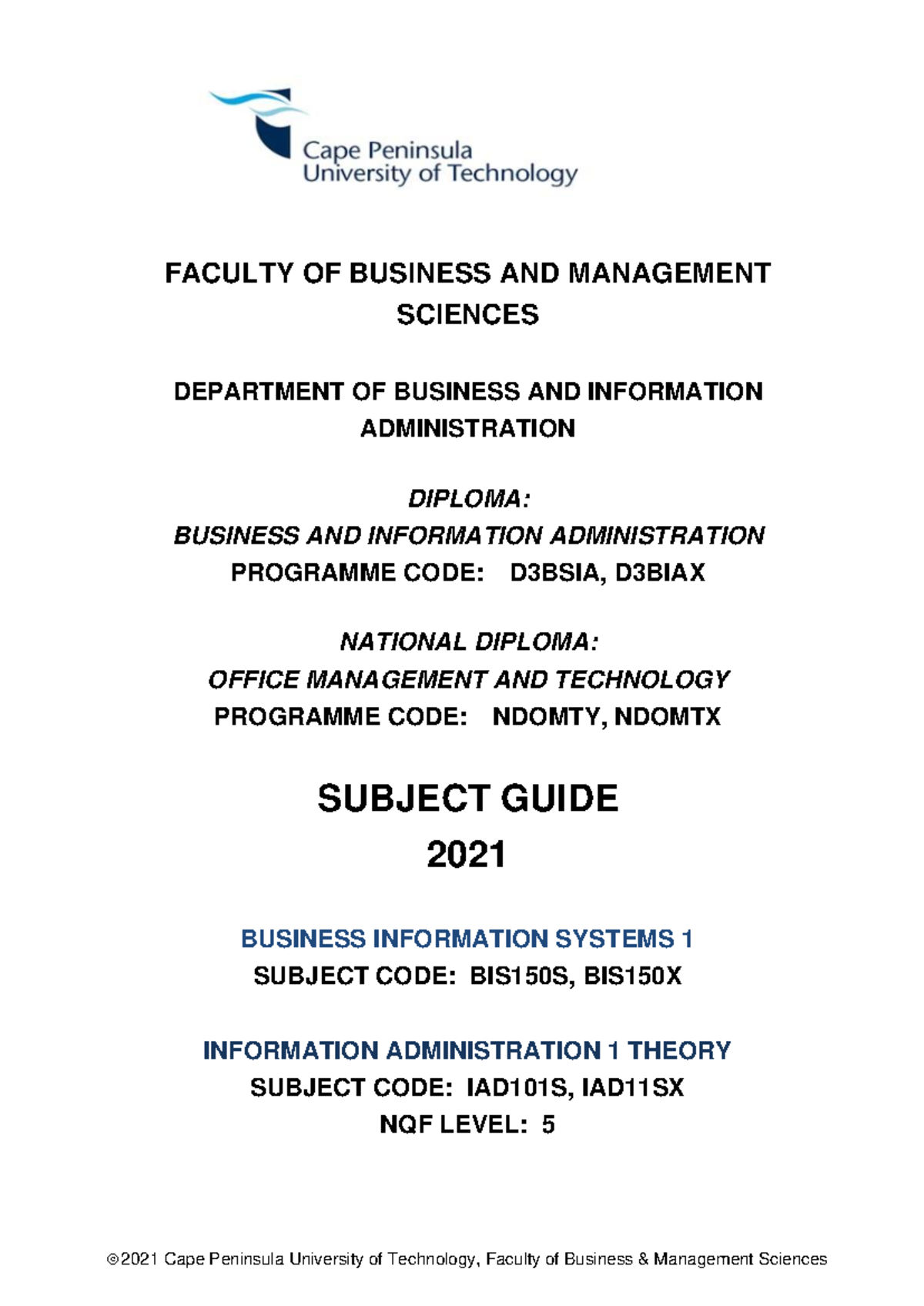 Information Administration 1 Subject Guide for Diploma D3BSIA/NdomTY ...