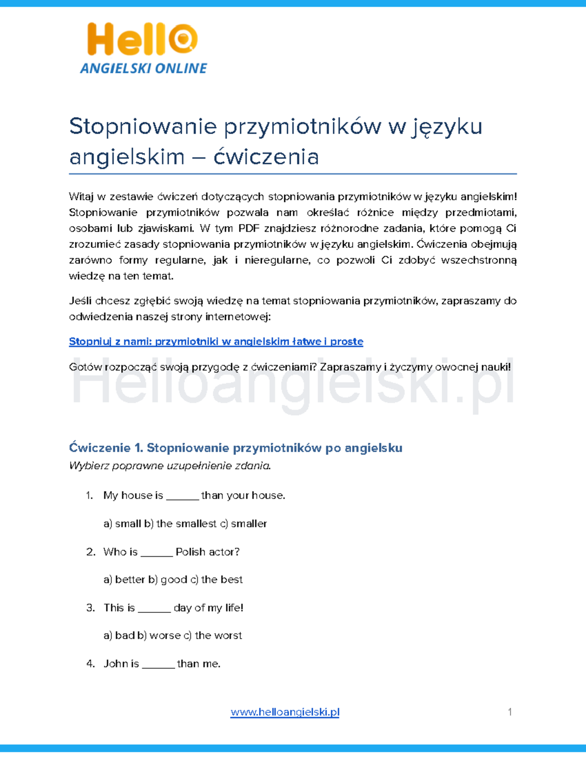 Stopniowanie przymiotników w języku angielskim - ćwiczenia PDF - Studocu