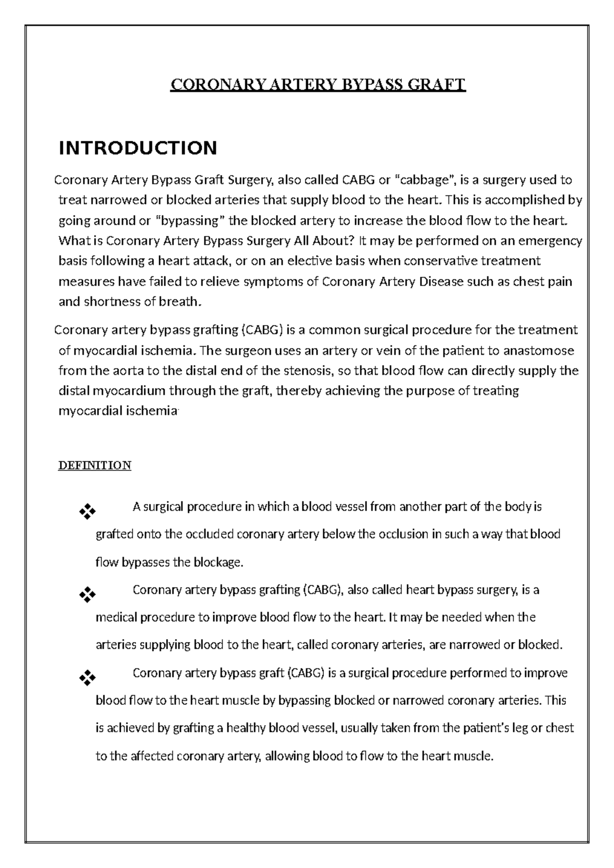 CAGB Assignment: Understanding Coronary Artery Bypass Grafting - Studocu