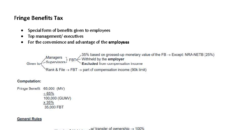 Fringe Benefits Tax (FBT) Overview and Examples - Reviewer - Studocu