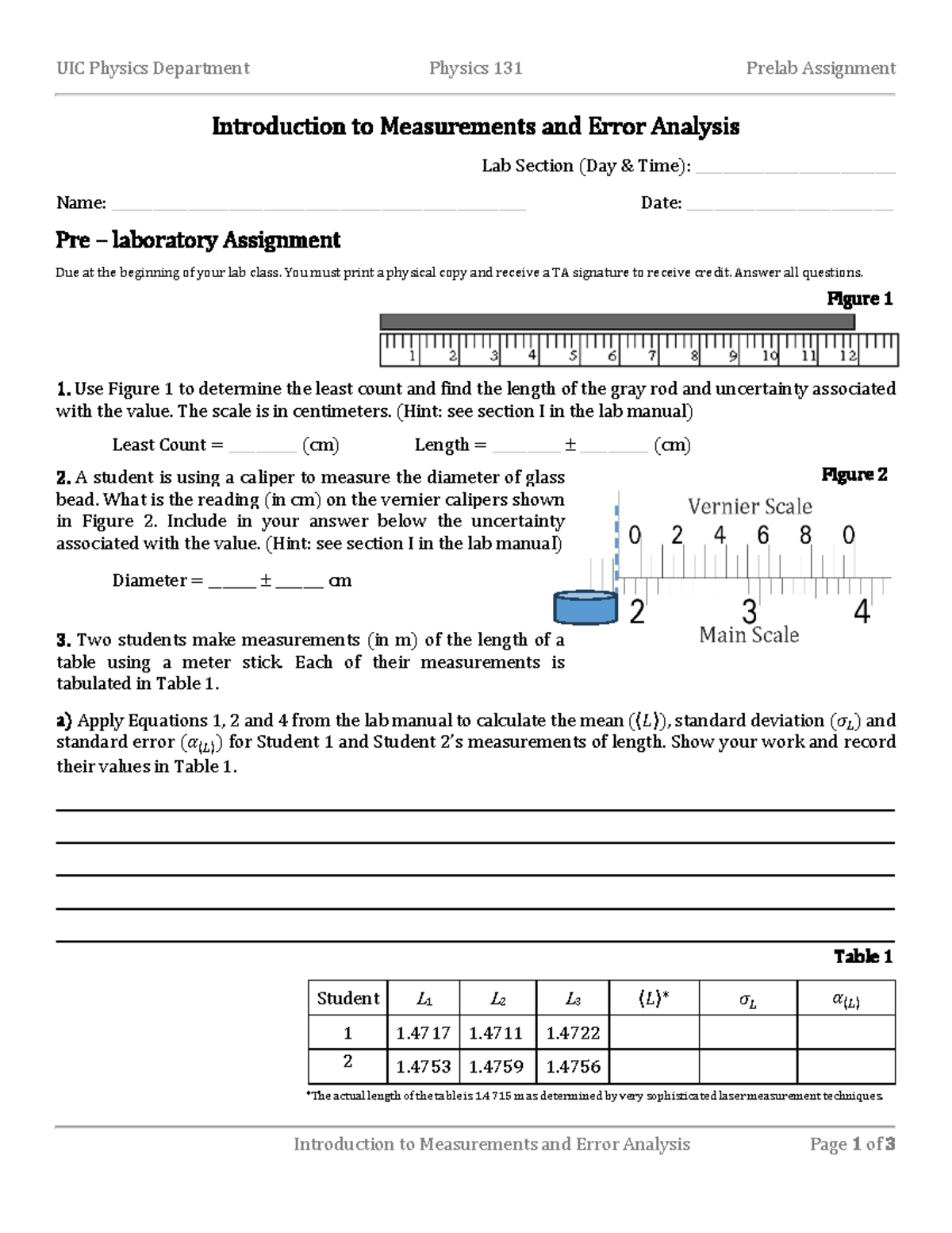UIC Physics 131 Prelab: Measurements & Error Analysis Guide - Studocu