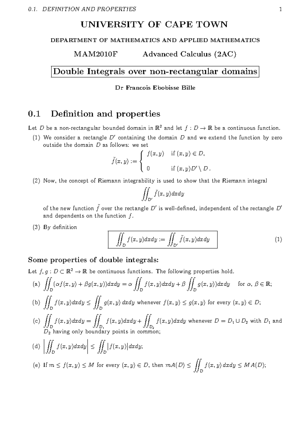 MAM2010F Advanced Calculus: Double Integrals and Properties - Studocu