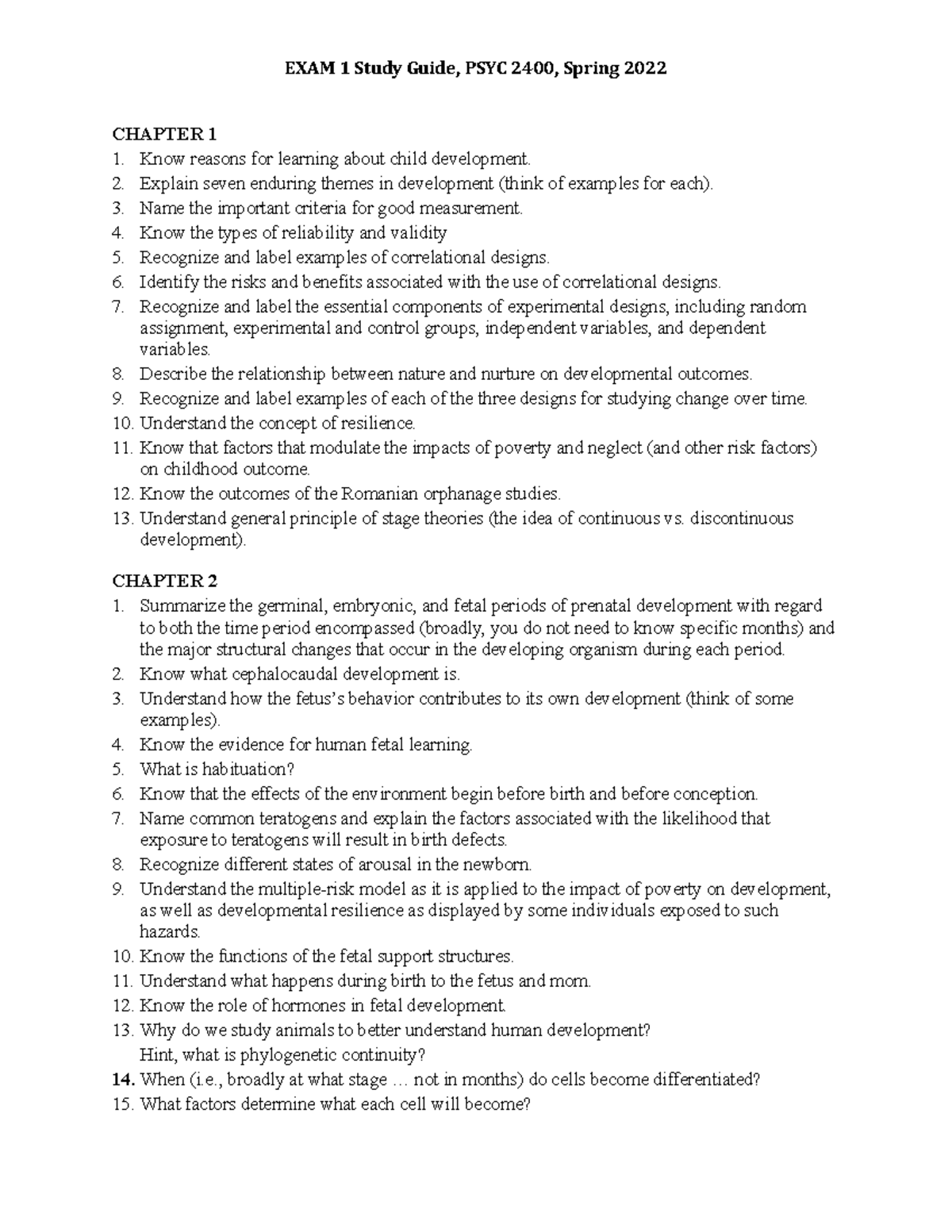 Exam 1 Study Guide-2022 - EXAM 1 Study Guide, PSYC 2400, Spring 2022 ...