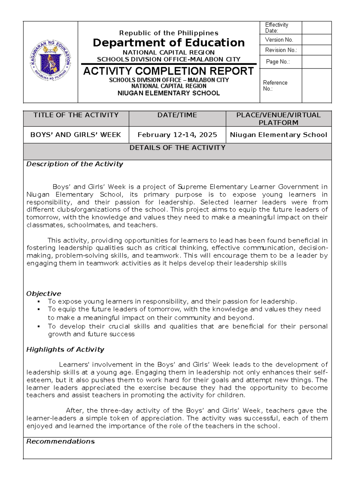 Activity Completion Report BOYS' AND Girls' WEEK '25 - Republic of the ...