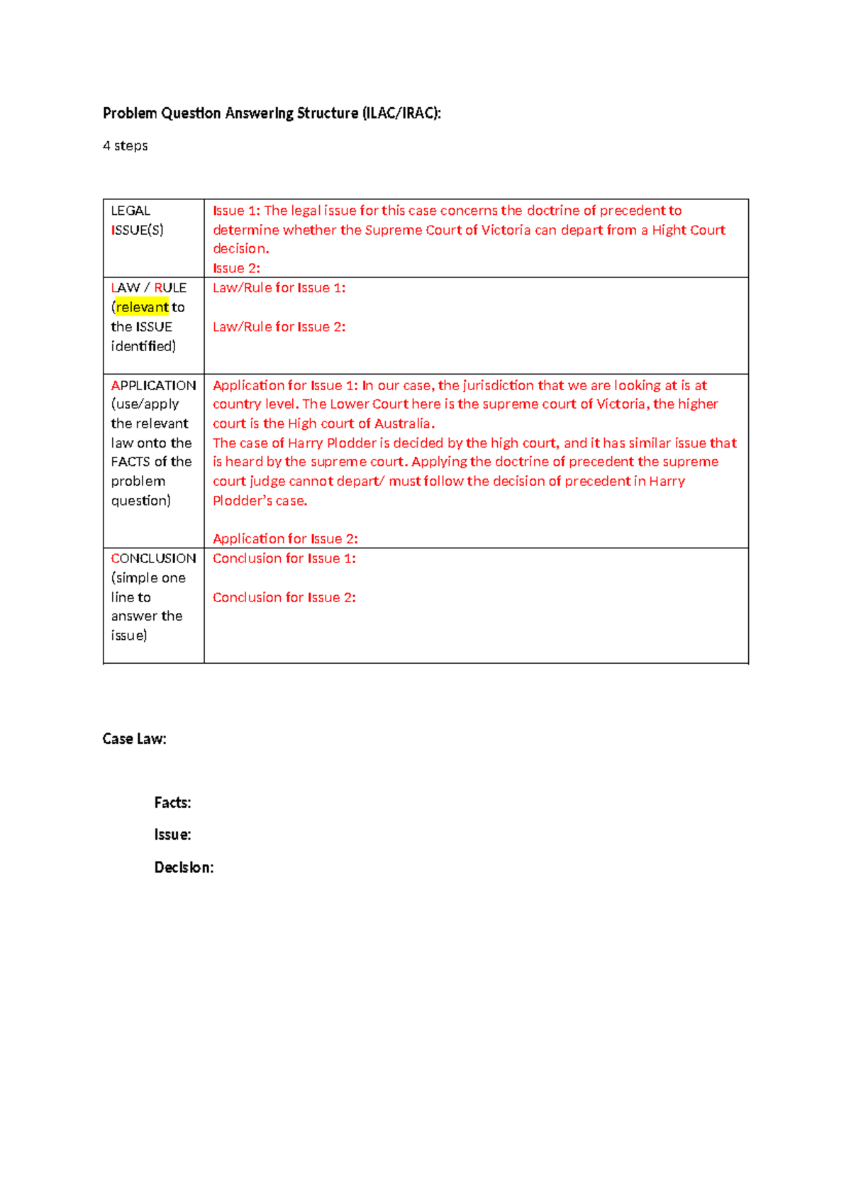 ILAC/IRAC Problem Question Answering Structure Template - Studocu