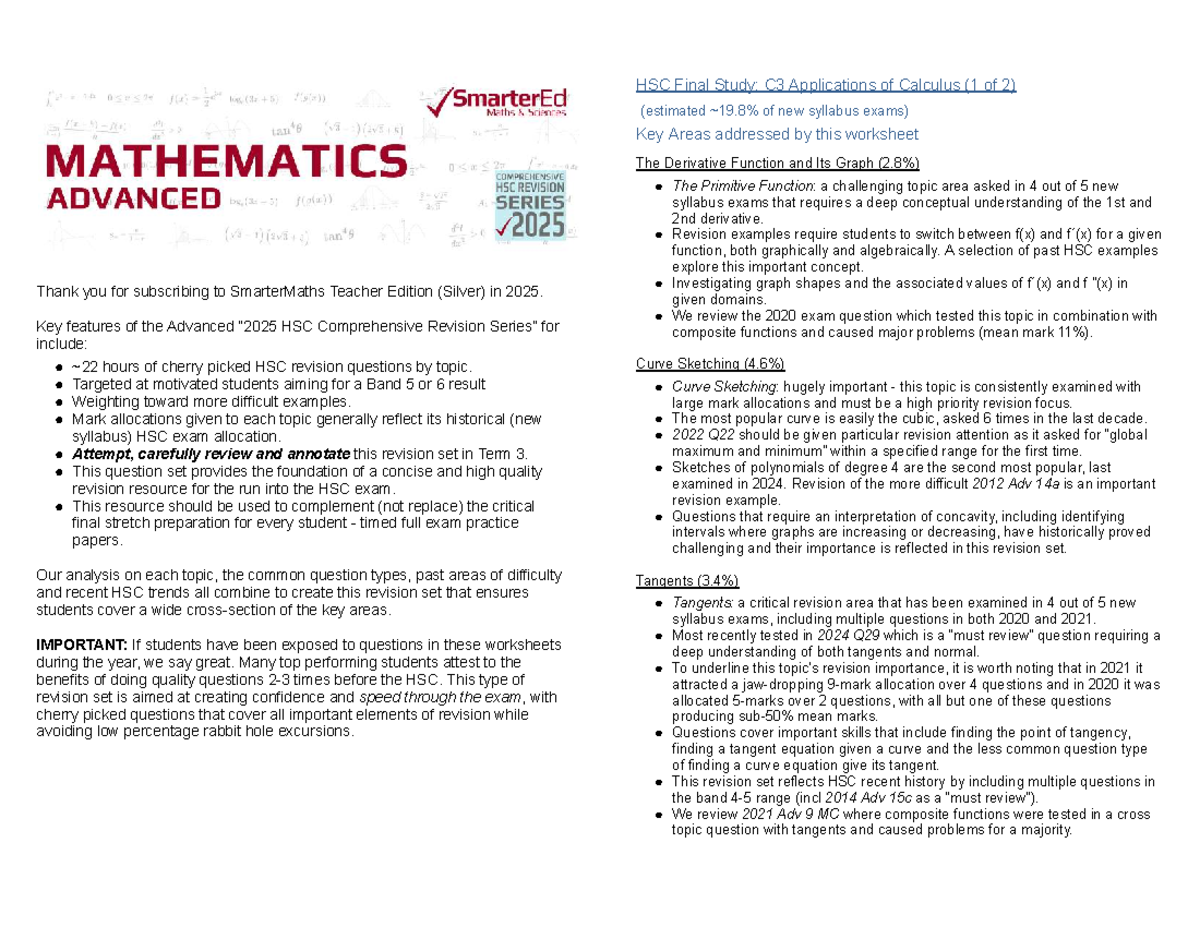 Final Study Notes: C3 Applications of Calculus for HSC 2025 - Studocu
