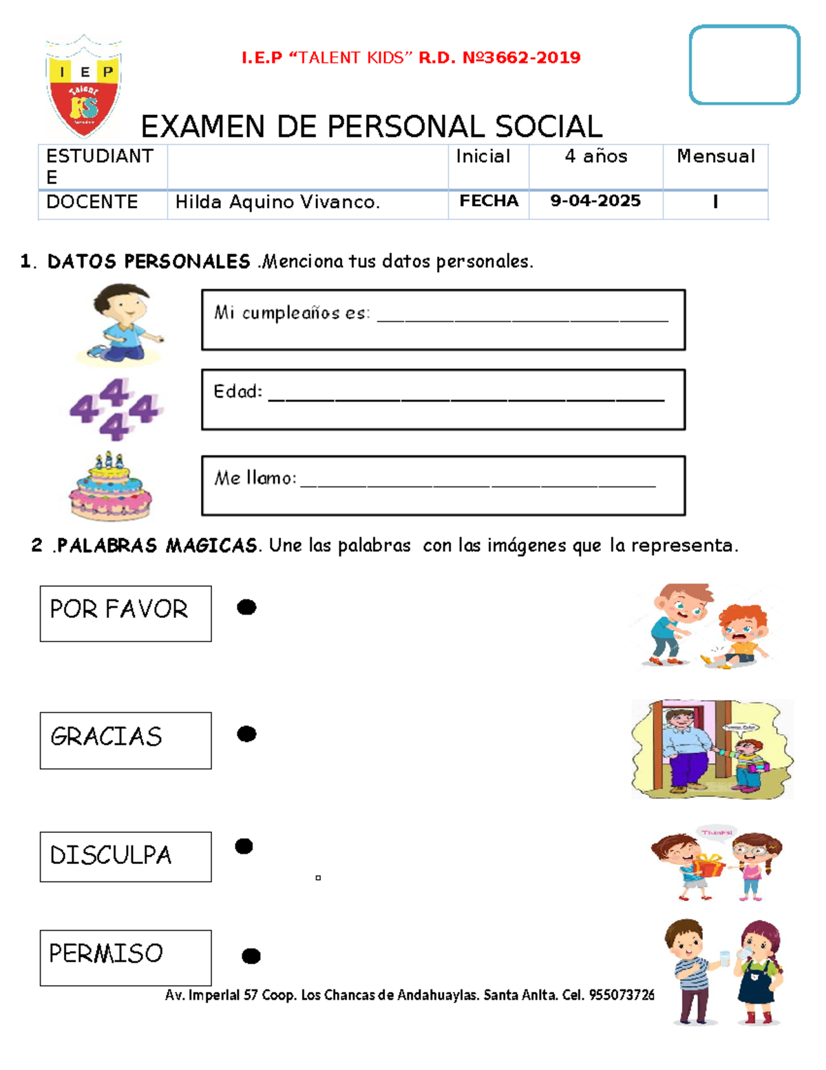 Examen de Personal Social Inicial 4 Años - Escuela Talent Kids - Studocu