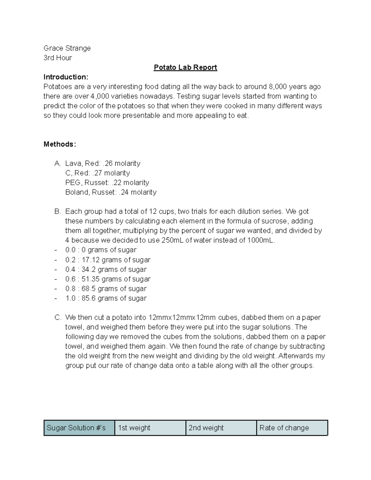 Potato Lab Report: Sugar Levels and Osmosis Experiment Analysis - Studocu
