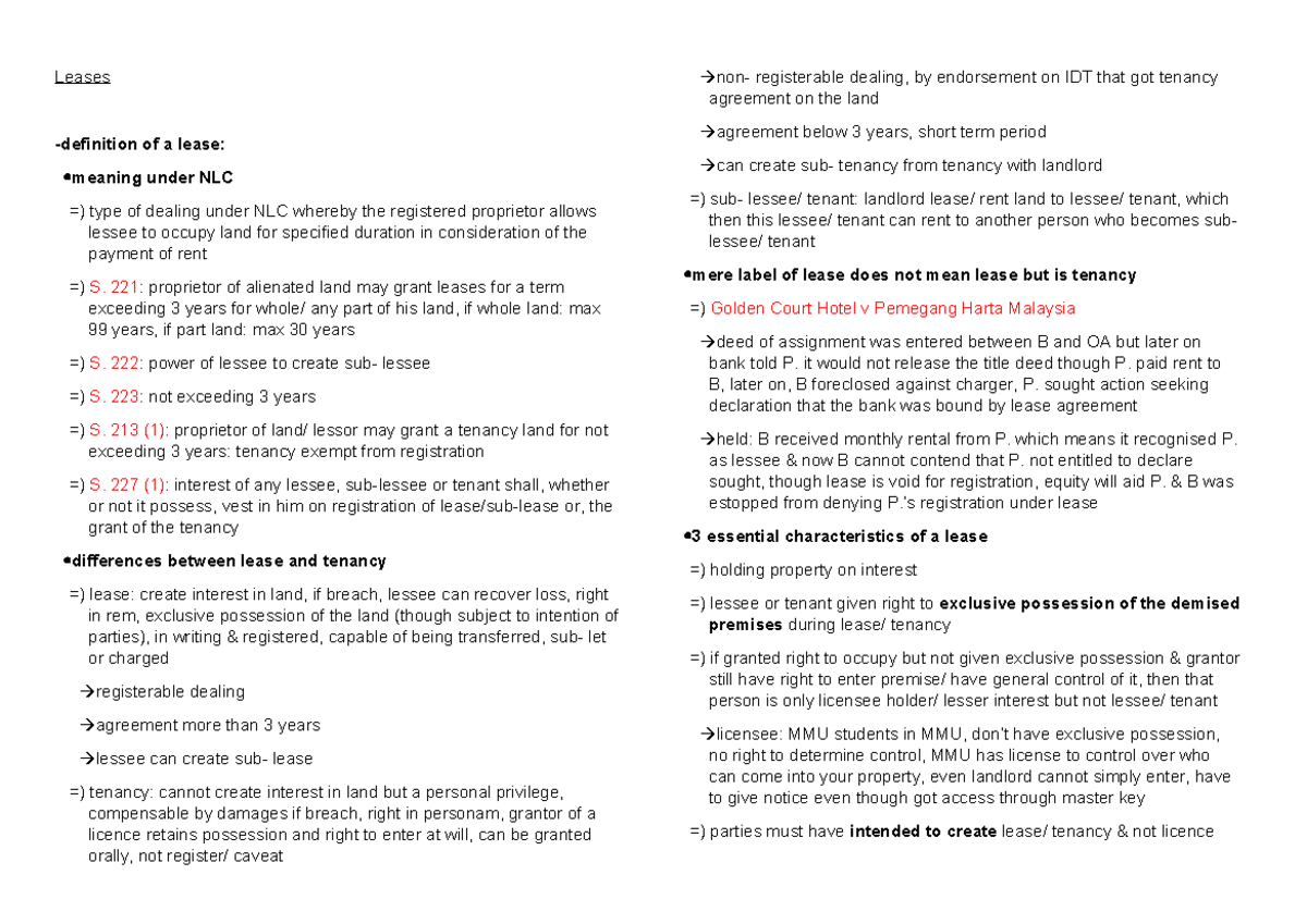 Chapter 4 (Leases) LO1 - Comprehensive Notes on NLC Lease Regulations ...