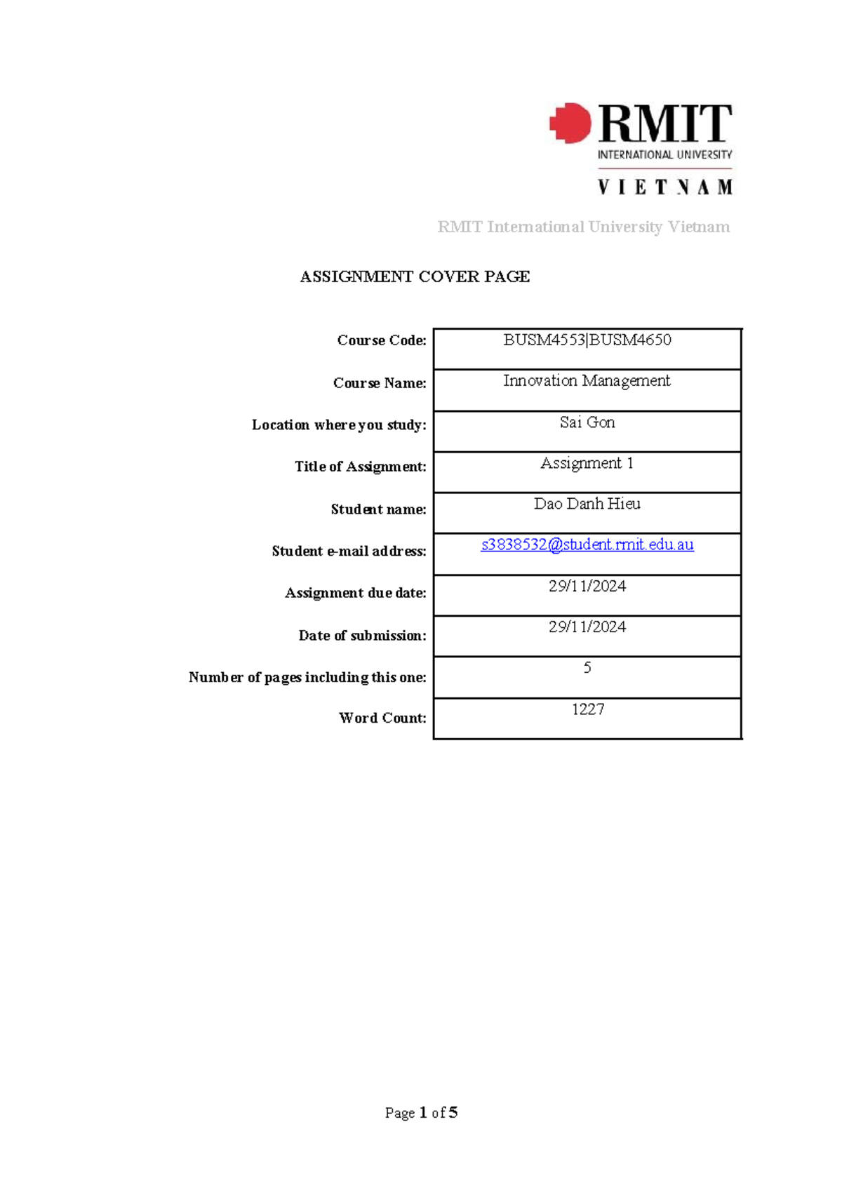 Assignment 1: Innovation Management Overview - BUSM4553 - Studocu