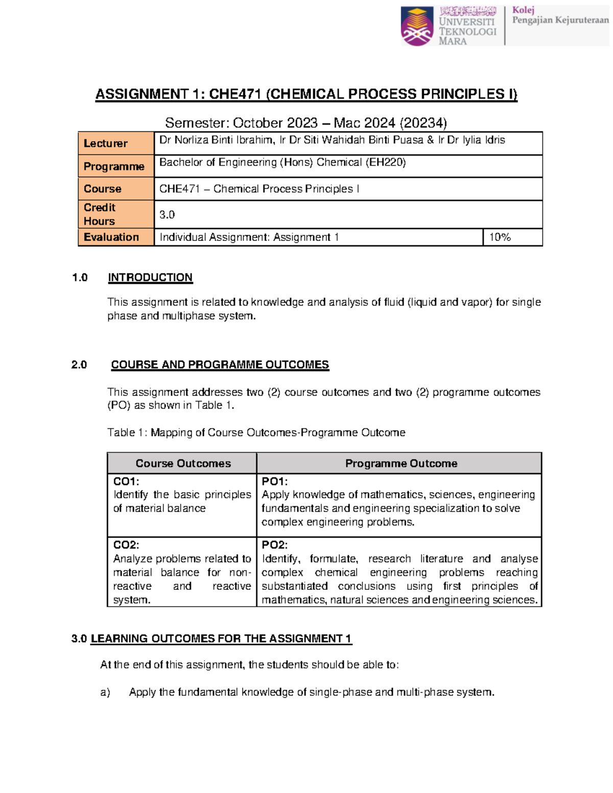 Assignment 1: CHE471 Chemical Process Principles I (20234) - Studocu