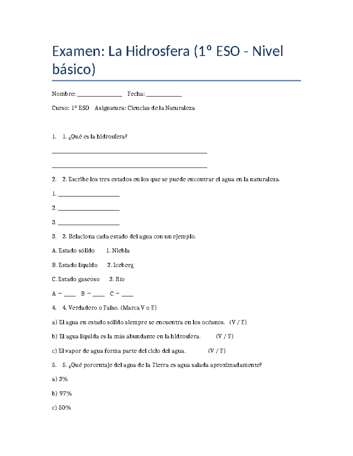 Examen: La Hidrosfera - 1º ESO Ciencias de la Naturaleza - Studocu
