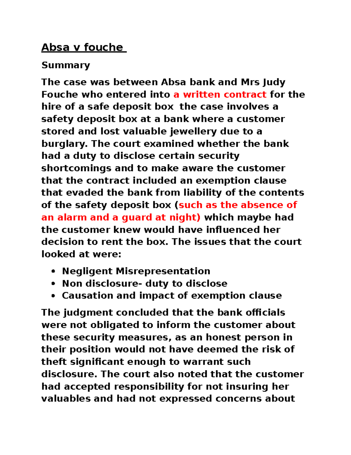 ABSA v Fouche Case Summary: Negligence & Liability Issues - Studocu