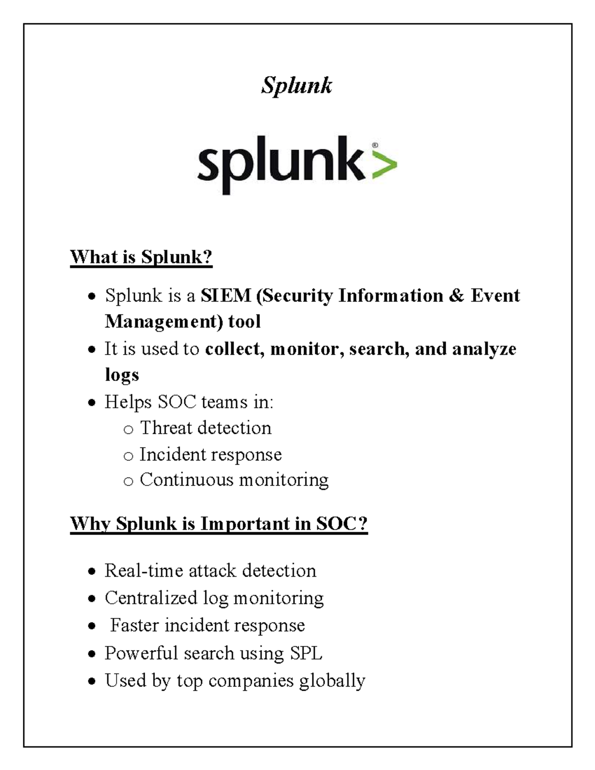 Splunk SOC Blue Team Tool Overview and Key Functions - Studocu