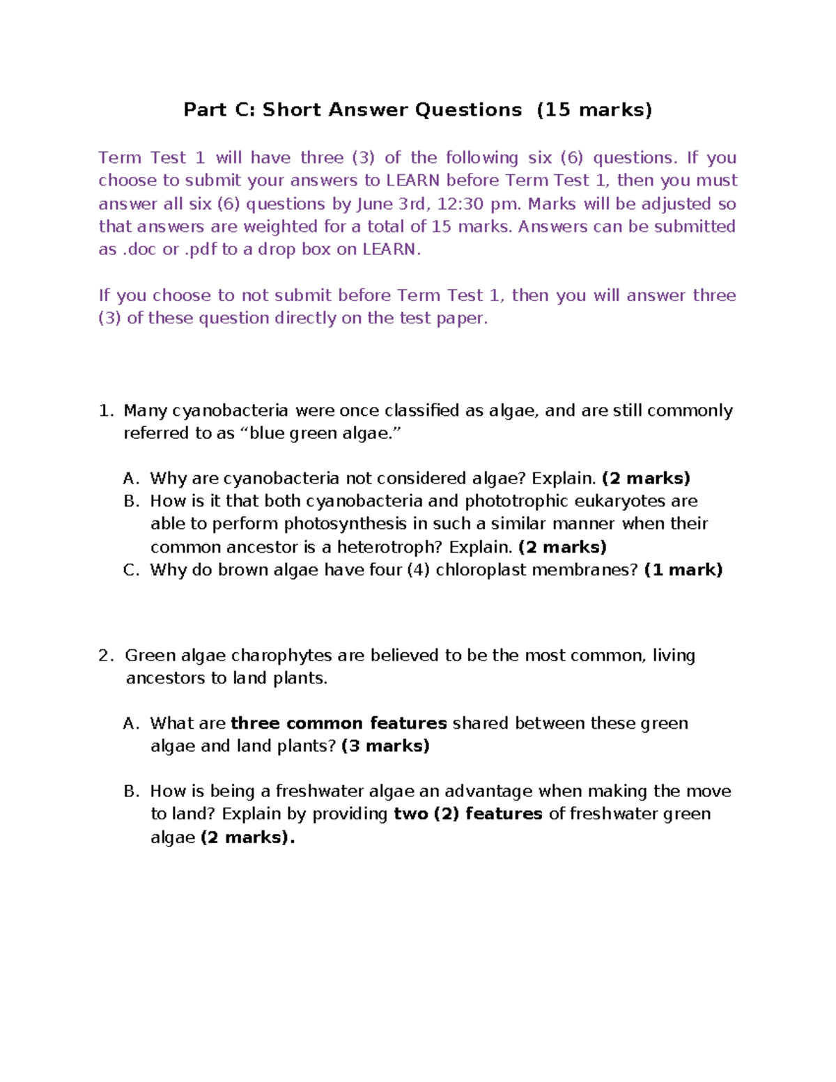 S2024 Term Test 1 Short Answer Questions Updated - Part C: Short Answer ...