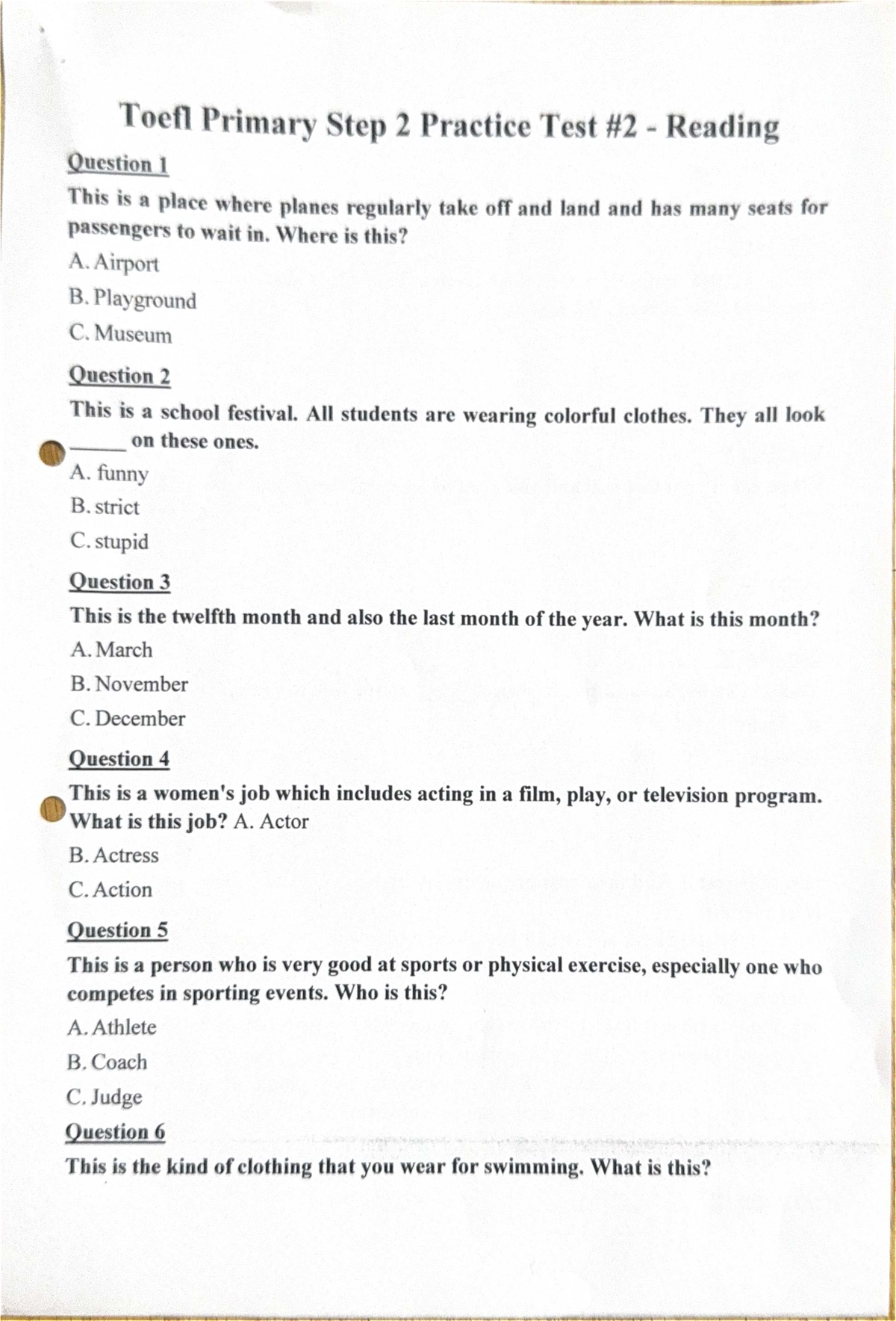 Toefl Primary Step 2 Practice Test #2 - Reading Comprehension Questions ...