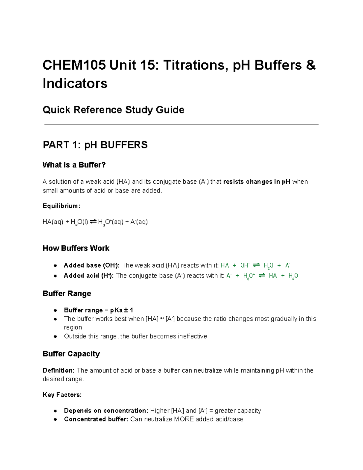 HEM105 Final Exam Study: Buffers and Titrations Overview - Studocu