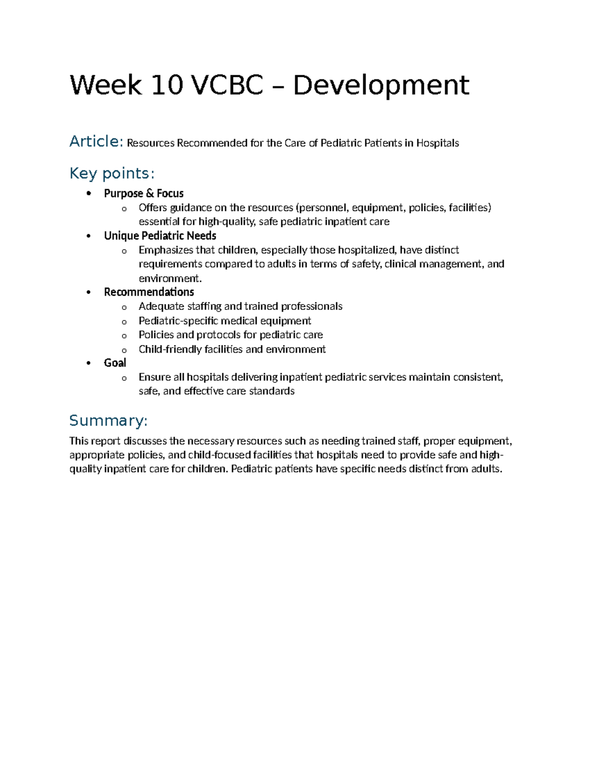 Week 10 VCBC – Pediatric Inpatient Care Resources - Studocu