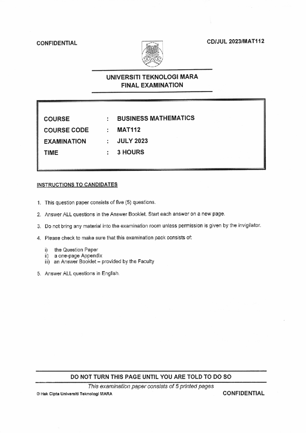MAT112 Final Exam: Business Mathematics July 2023 Question Paper - Studocu