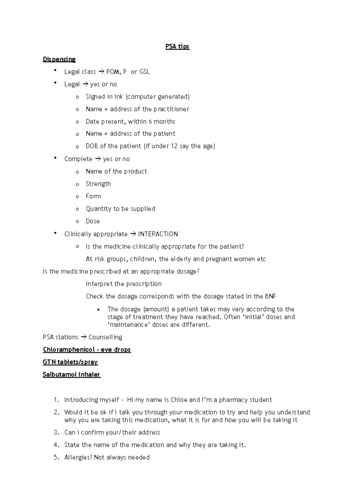 PSA tips - Summary Pharmacy Practice - PSA tips Dispensing Legal class ...