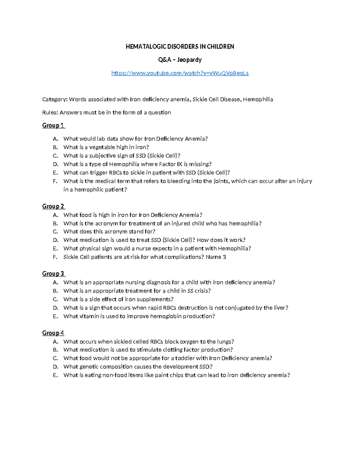 HEMATOLOGY JEOPARDY: Iron Deficiency Anemia & Sickle Cell Disease - Studocu