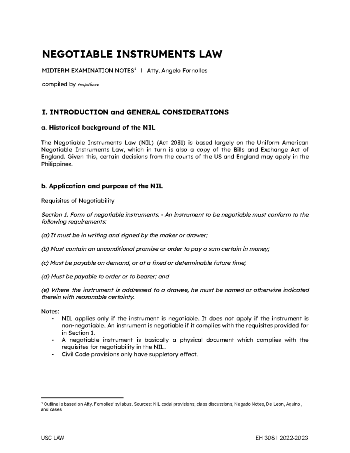 NIL Midterm Exam Notes by Atty. Angelo Fornolles - Studocu