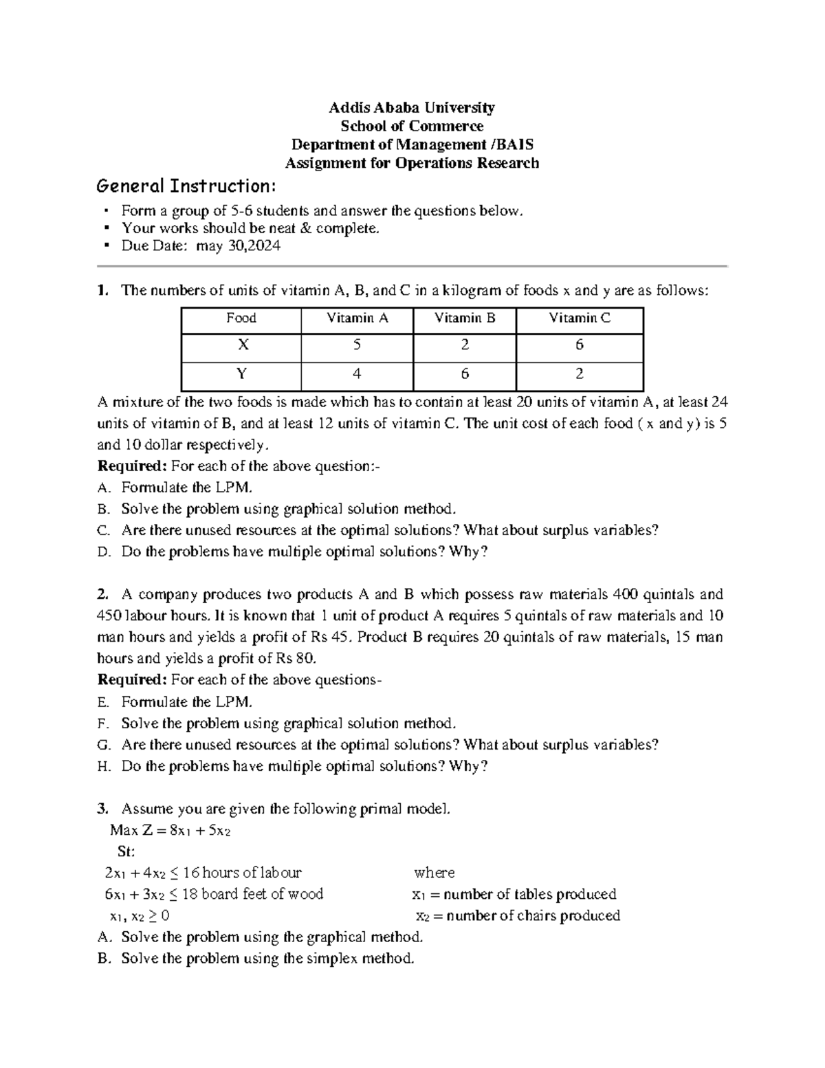 AAU Commerce BAIS Operations Research Assignment 2023 - Studocu