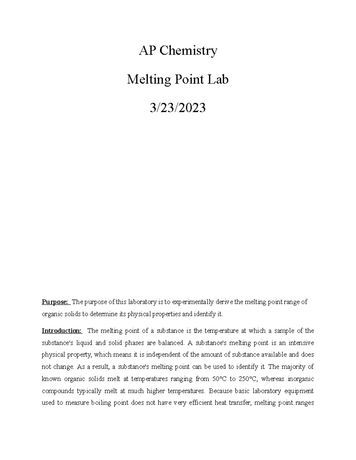 AP Chemistry Lab Report 2: Determining Melting Points of Solids - Studocu