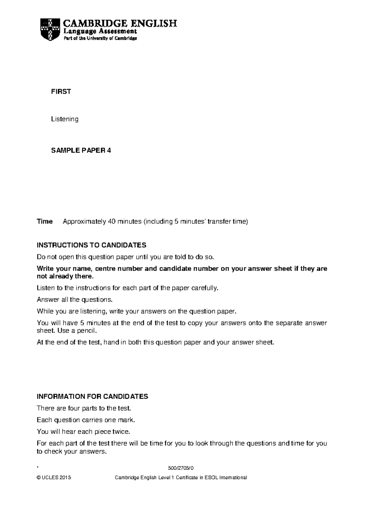 Listening Sample Paper 4 - Cambridge English Level 1 ESOL - Studocu