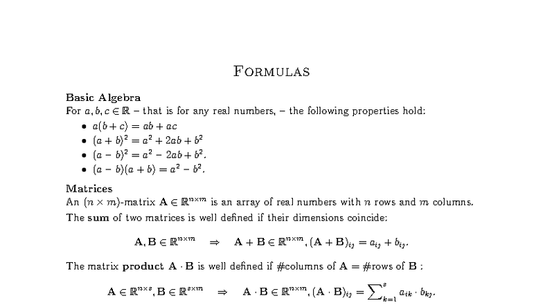 Formula Sheet: Basic Algebra and Matrix Operations (MATH101) - Studocu