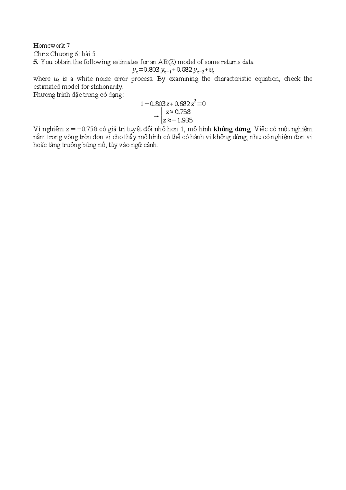 Homework 7 - AR(2) Model Stationarity Check - Chương 6 - Studocu