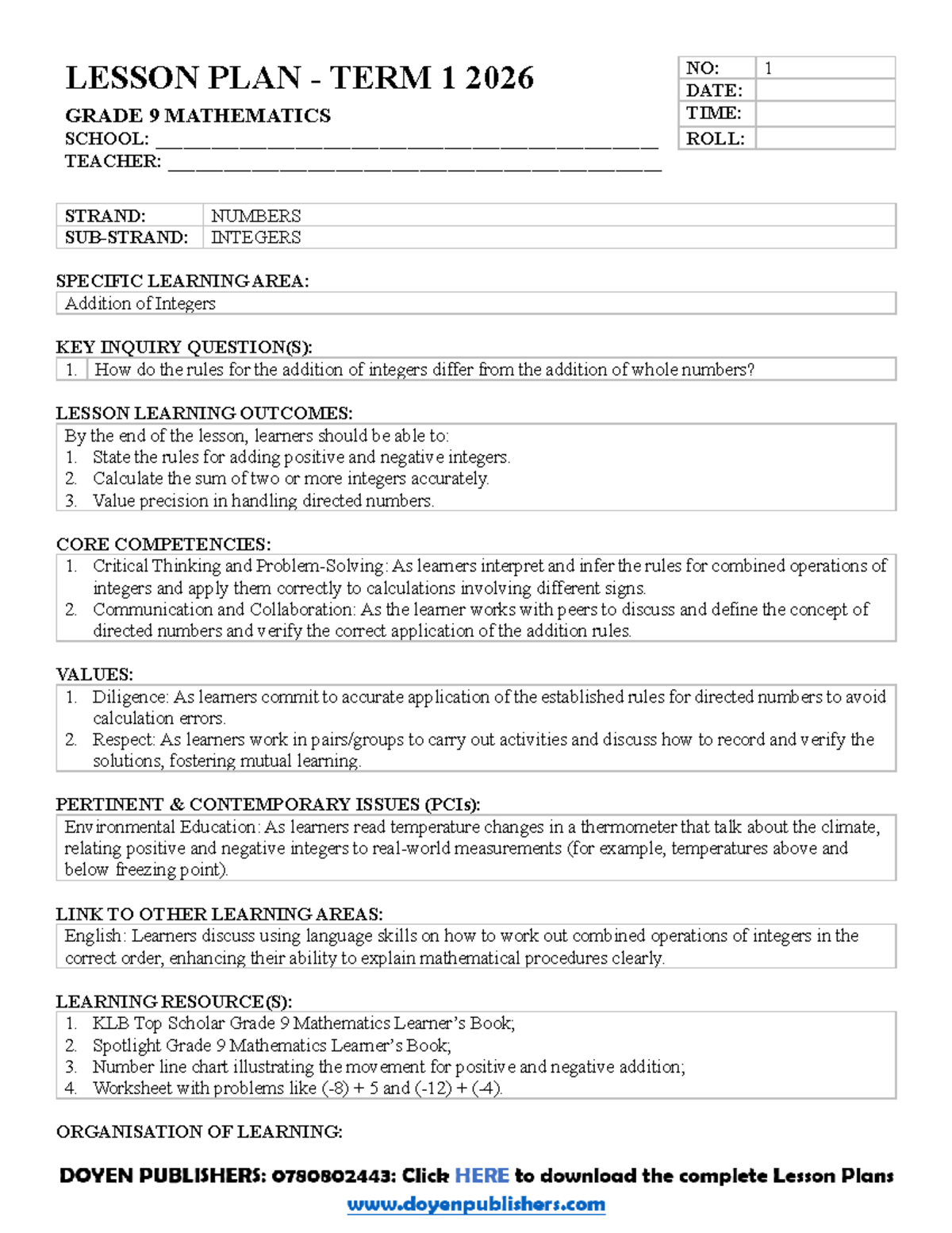 Grade 9 Mathematics Term 1 2026: Comprehensive Lesson Plans - Studocu